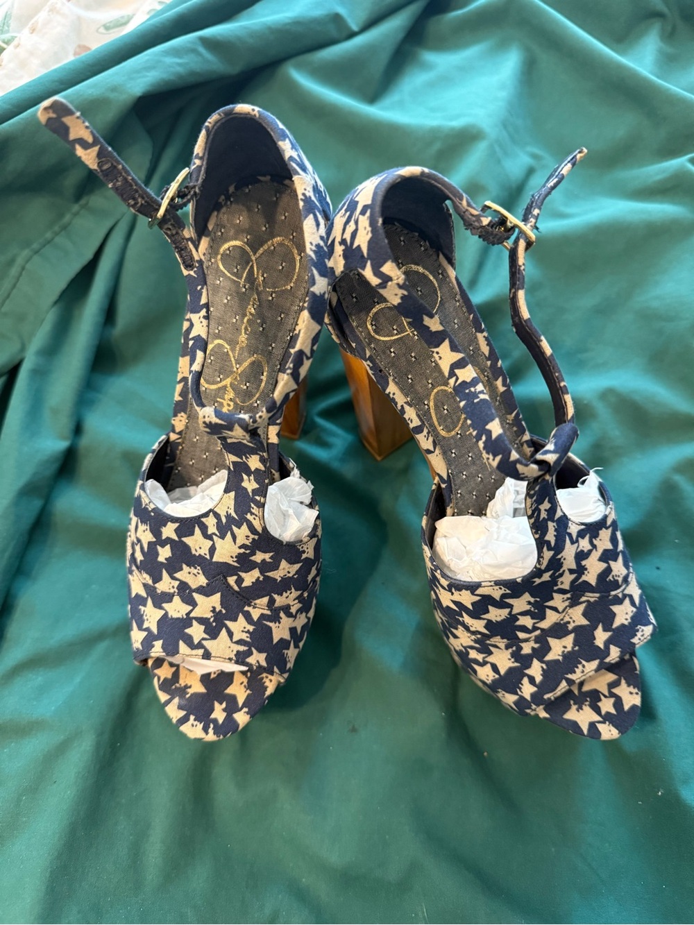 Jessica Simpson Navy and Cream Star Print Peep-Toe Block Heels